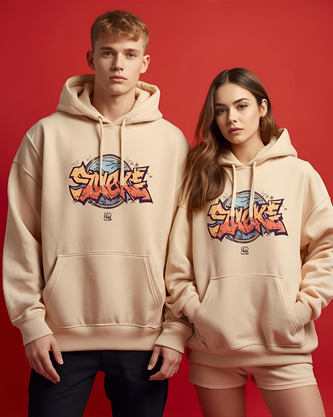 Matching oversized printed hoodies for couples — bold, cozy, and street-ready.